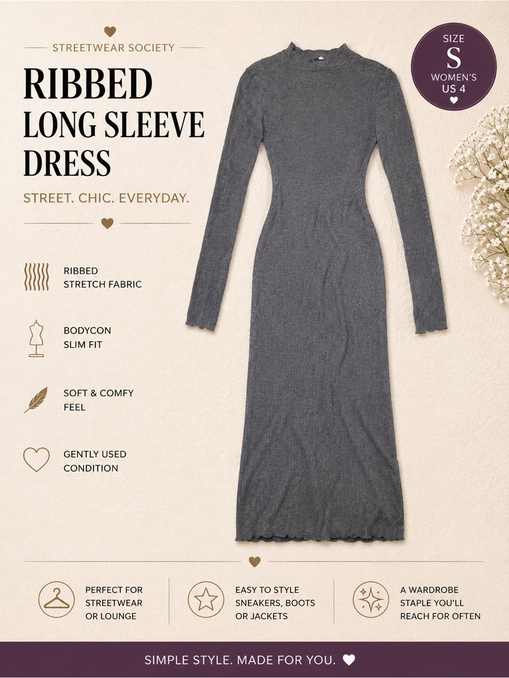 Streetwear Society Gray Ribbed Long Sleeve Midi Dress Open Back Bodycon Size S